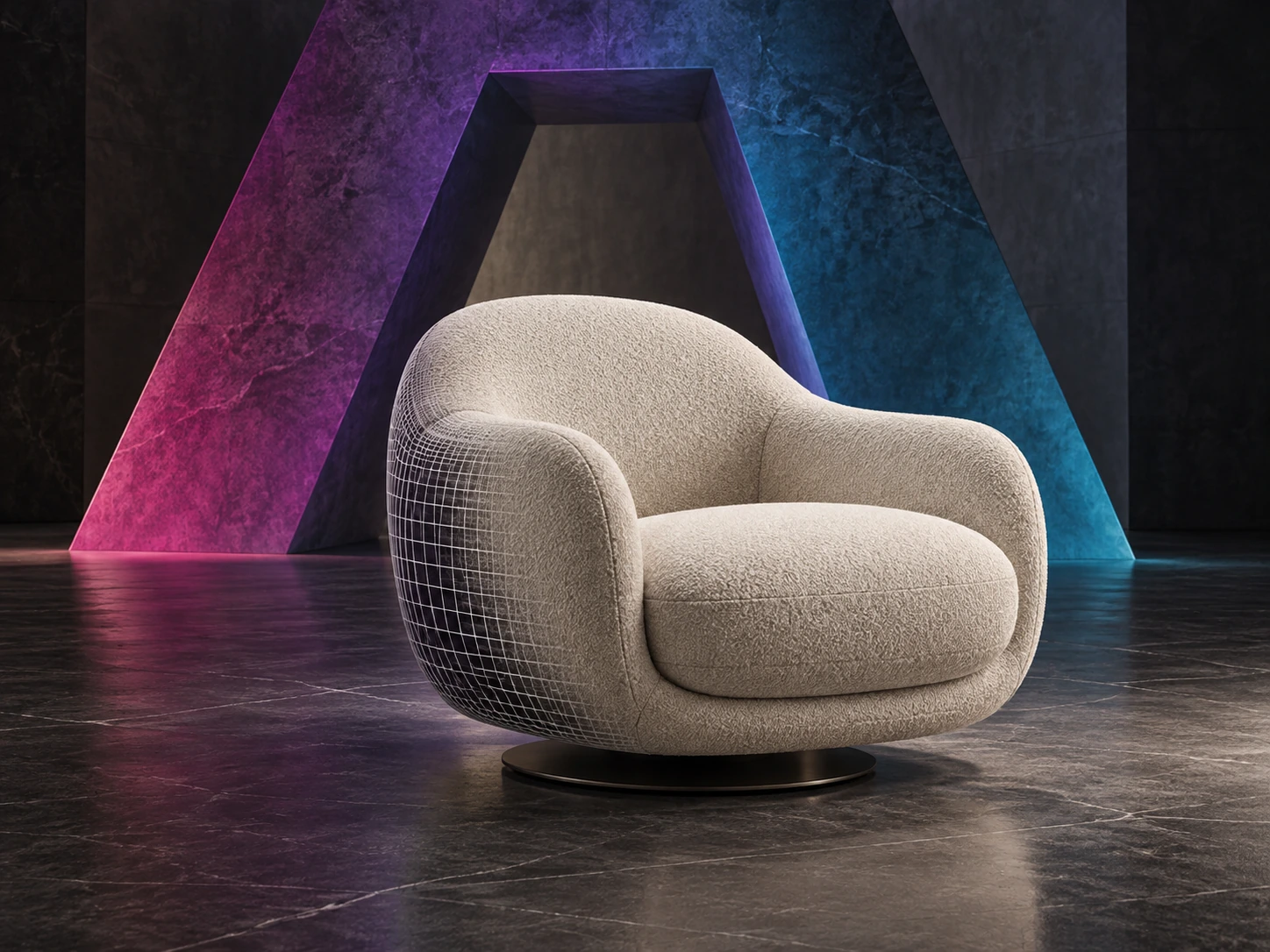 Ein heller Lounge-Sessel zwischen digitalem Drahtmodell und realistischer Produktdarstellung