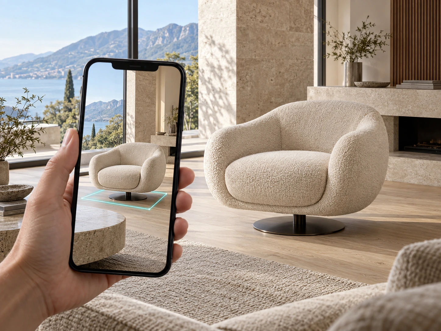 Ein Smartphone zeigt einen Lounge-Sessel per AR im eigenen Wohnzimmer